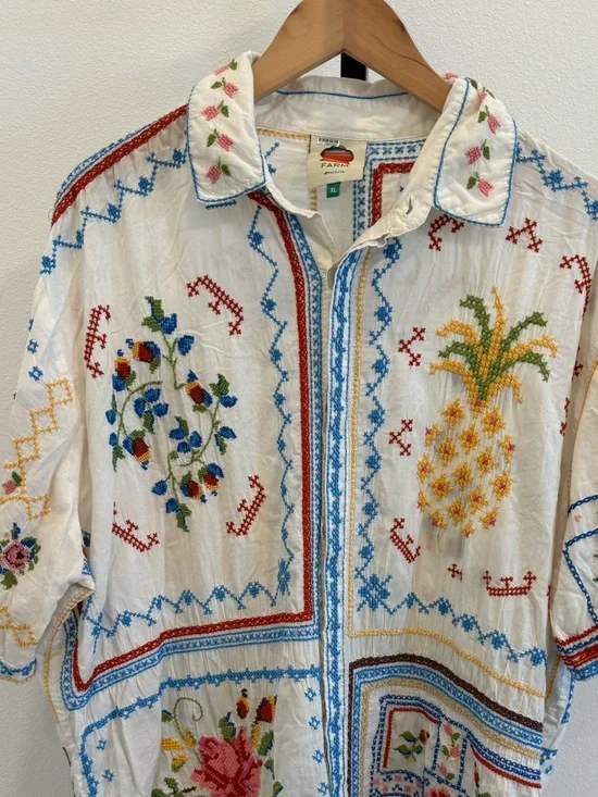 Farm Rio Embroidered Pineapple & Floral Short-Sleeve Shirt XL Tropical Vacation - Picture 2 of 14